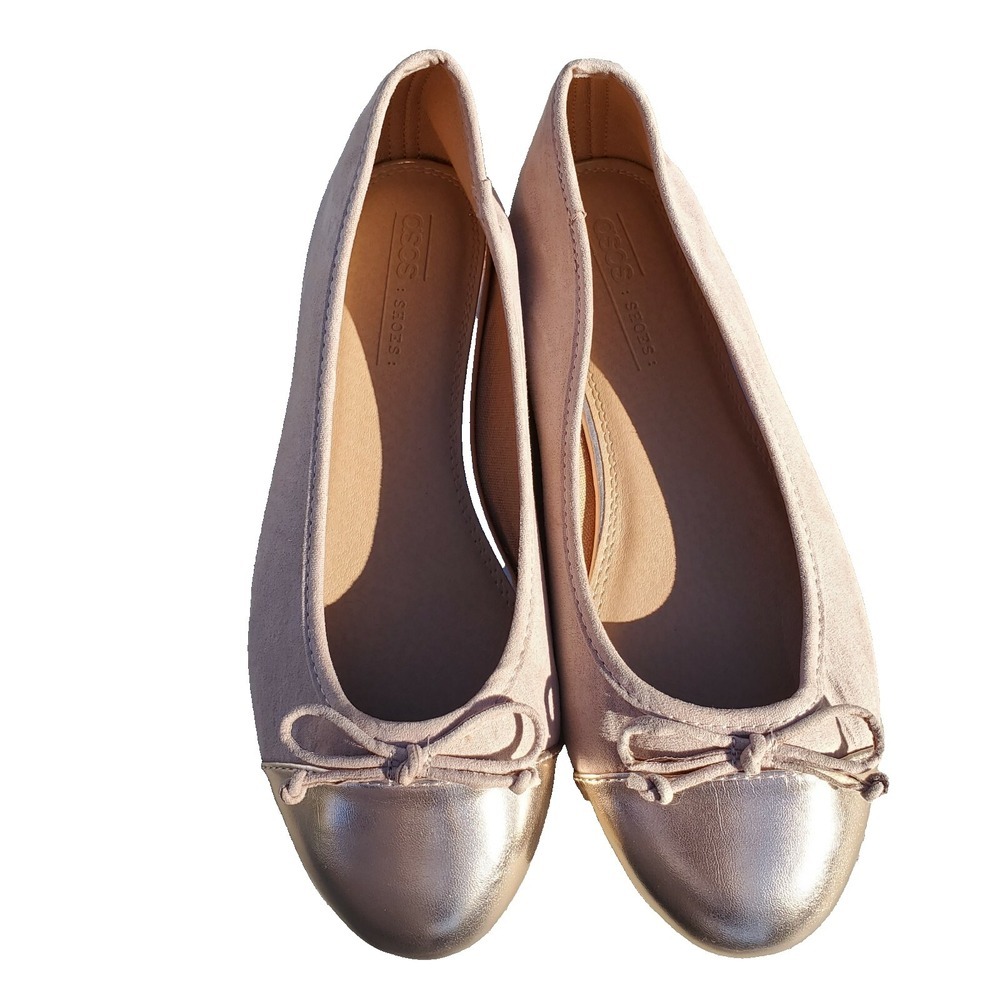 ASOS Womens Ballet Flats Blush Pink Faux Suede Rose Gold Cap Toe Bow US Size 7.5